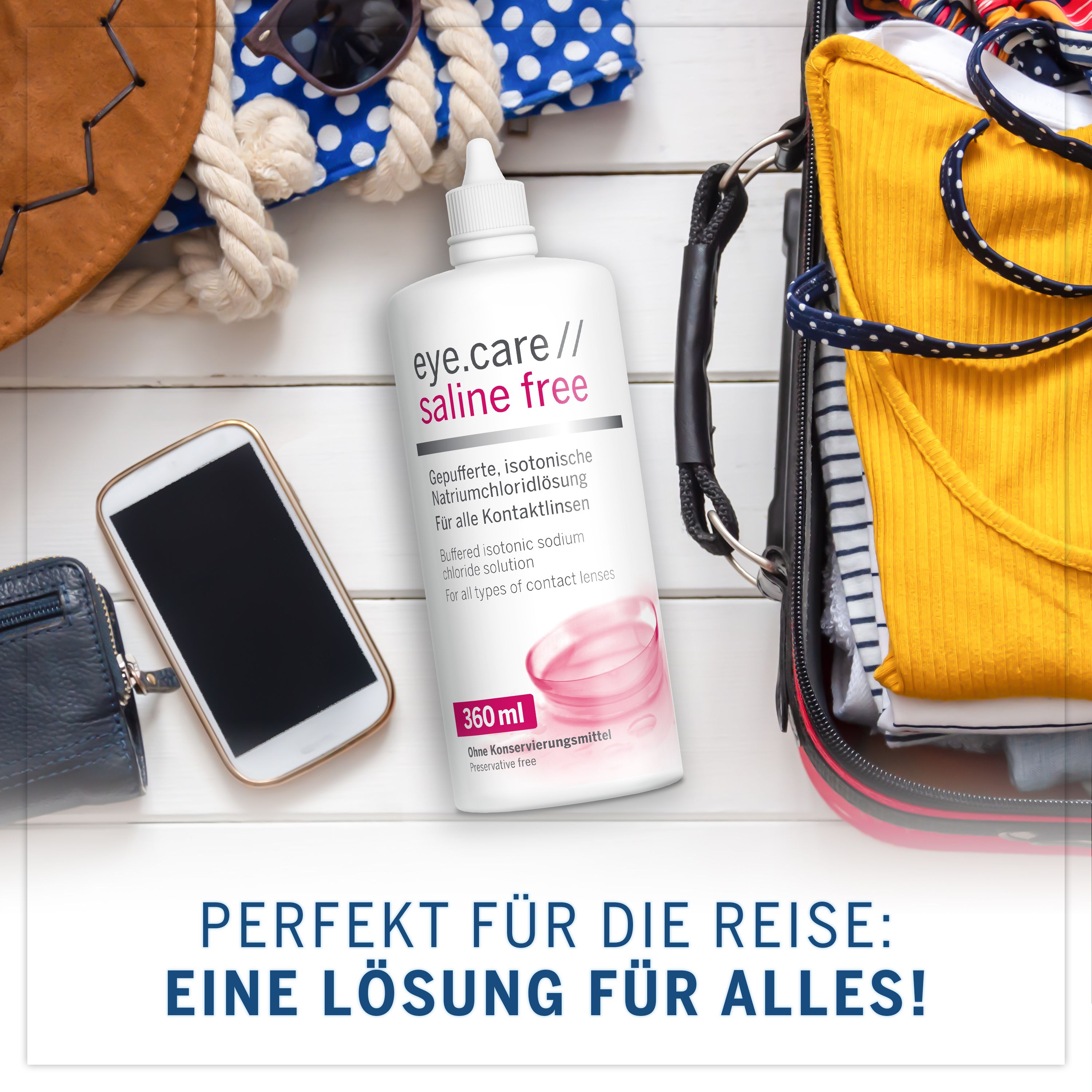 Flacone eye.care // saline free, accessori da viaggio. Testo: Perfetto per il viaggio: Una soluzione per tutto!