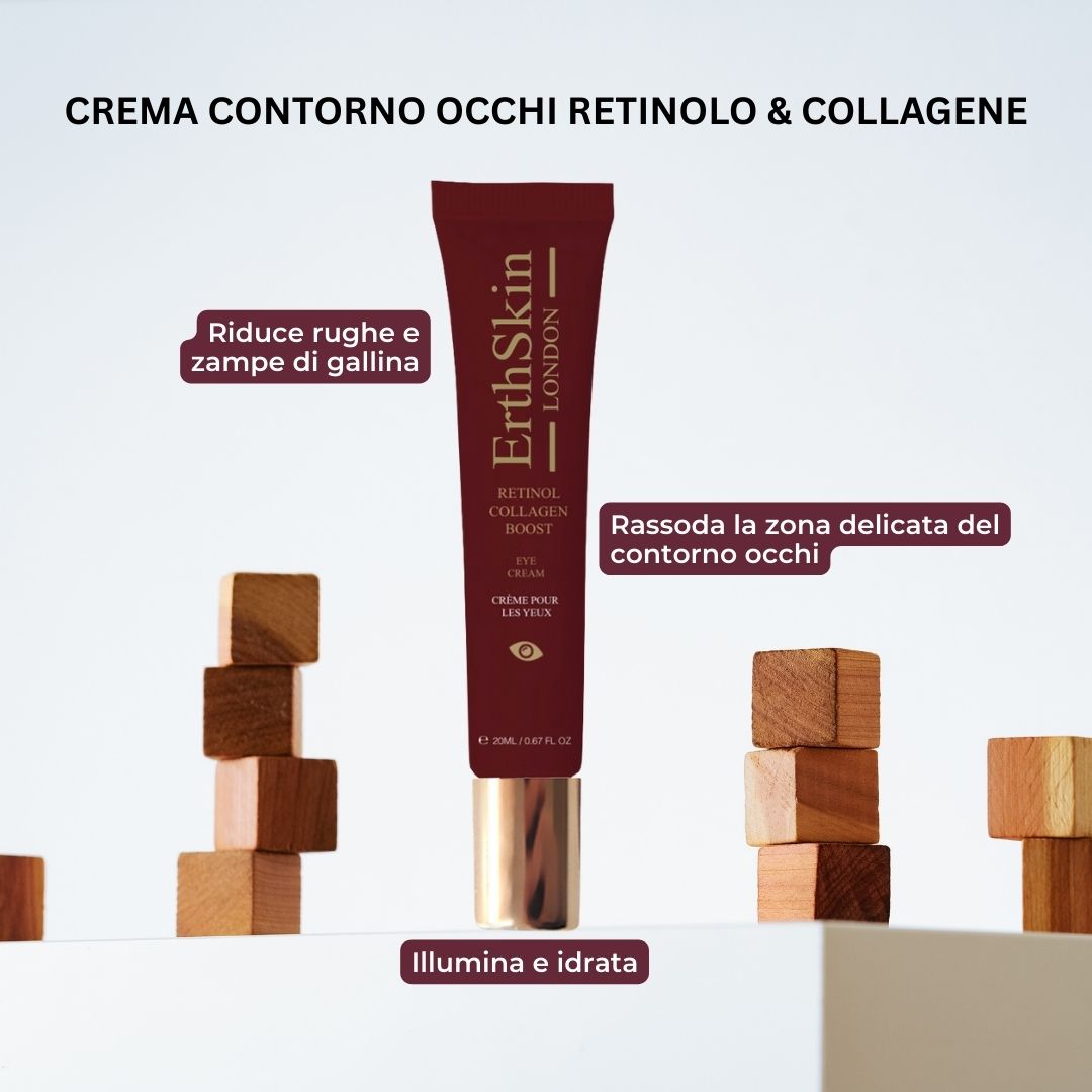 Tubo rosso con nome del prodotto e logo. Scritta: RETINOL COLLAGEN BOOST EYE CREAM. Scritta dorata. Blocchi di legno sullo sfondo.