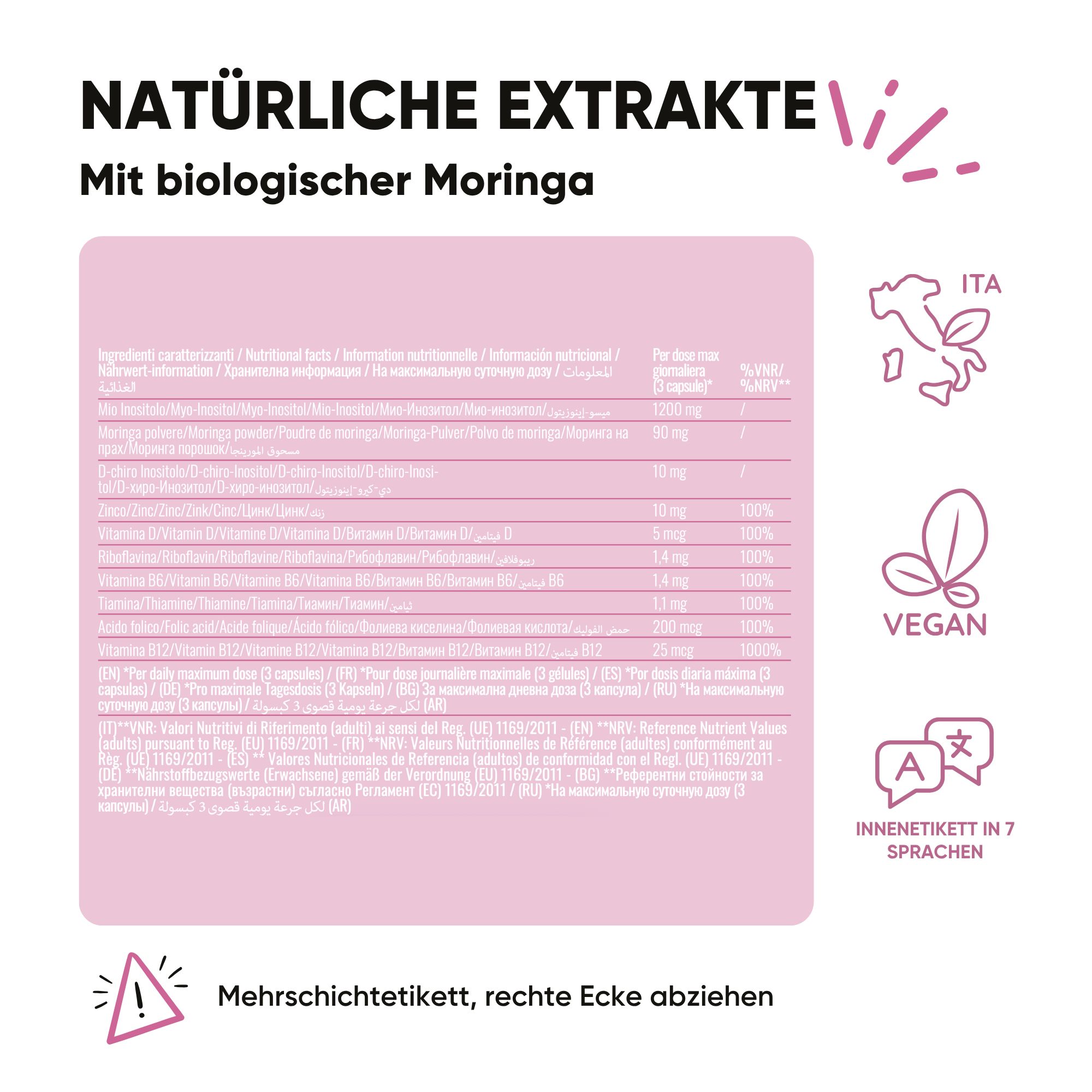 Flacone con informazioni nutrizionali, sigillo Vegan e "Etichetta in 7 lingue".