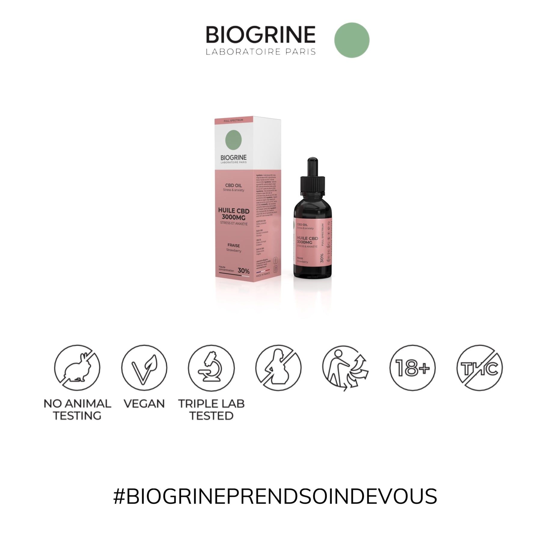 BIOGRINE CBD-ÖL 30% Fragola. Bottiglia e confezione. Simboli: Nessuna sperimentazione animale, Vegano, Testato in laboratorio, 18+, senza THC.
