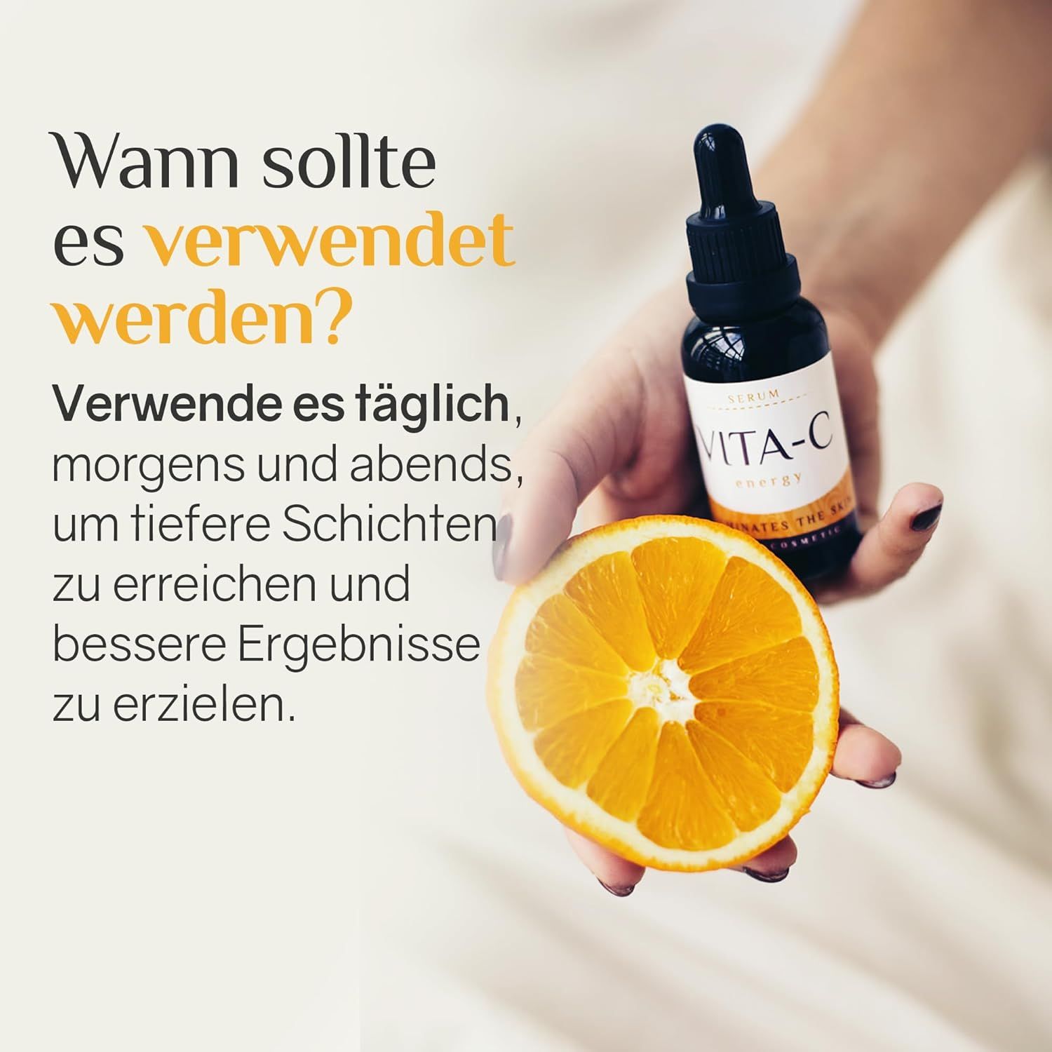 Mano che tiene un flacone di siero e un'arancia. Testo: Usalo quotidianamente, mattina e sera. Risultati migliori.