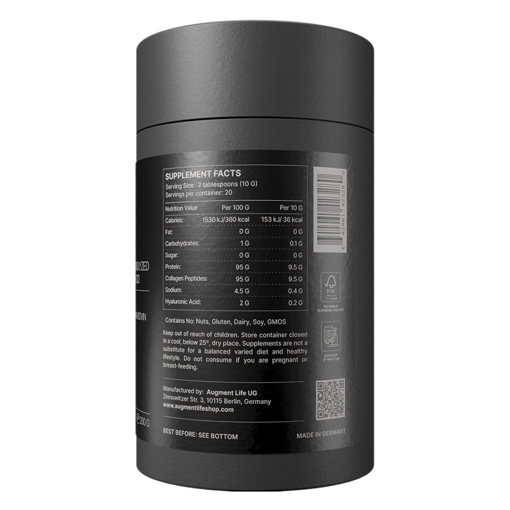 Etichetta "Supplement Facts" su barattolo nero: peptidi di collagene, acido ialuronico, proteine.