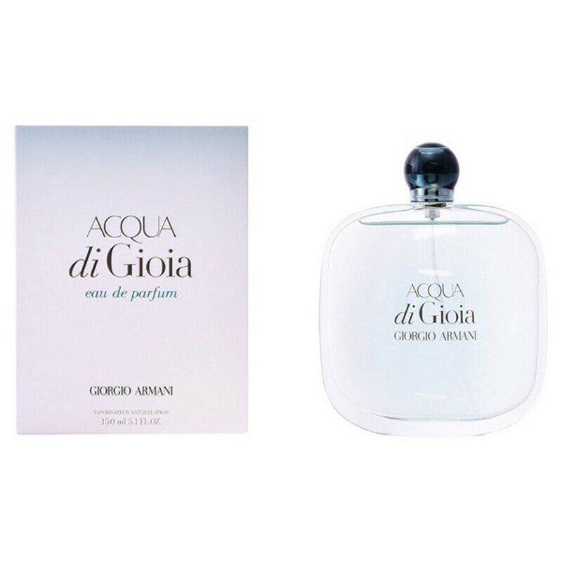 Flacone e confezione di ACQUA di GIOIA. Flacone quadrato, tappo nero. Scritta: ACQUA di GIOIA, GIORGIO ARMANI. Confezione accanto.