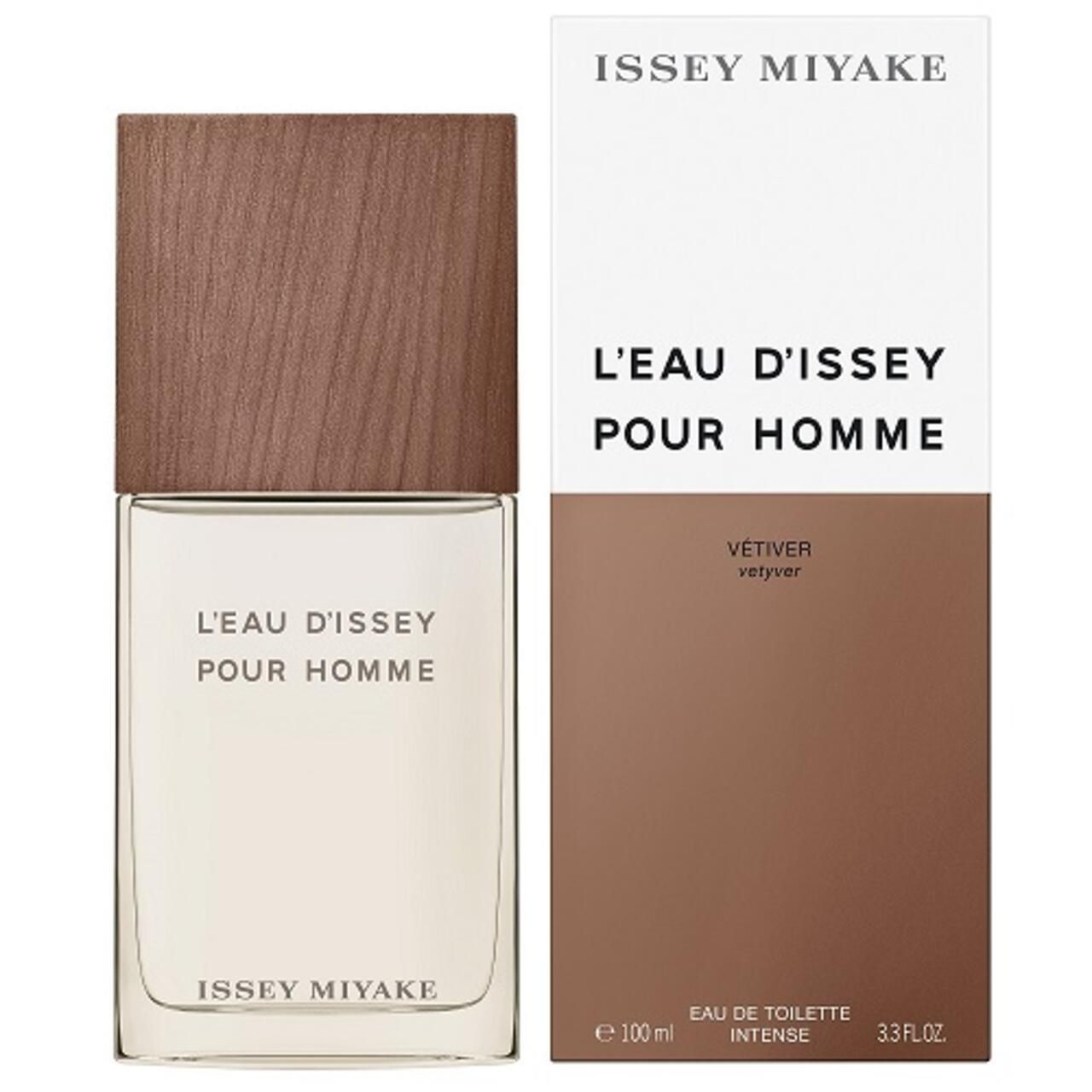 Flacone e confezione. Flacone rettangolare con tappo in legno. Confezione bianca/marrone. Scritta: ISSEY MIYAKE, L'EAU D'ISSEY POUR HOMME.