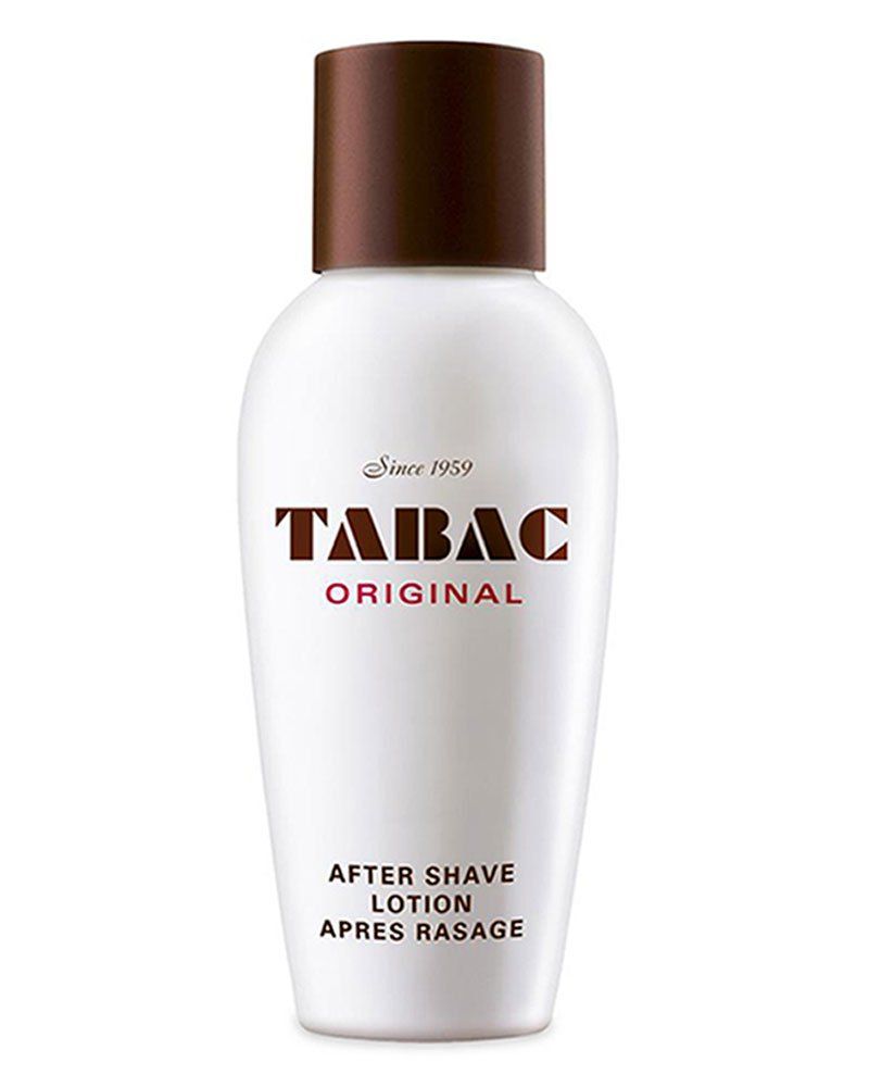Flacone bianco con tappo marrone. Scritta: TABAC ORIGINAL, After Shave Lotion, Après Rasage. Dal 1959.