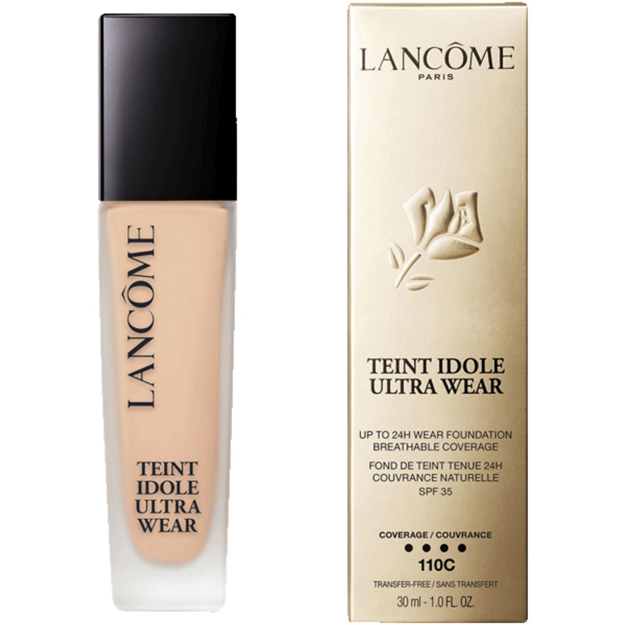 Lancôme Teint Idole Ultra Wear. Flacone e confezione. Scritte: 'Lancôme', 'Teint Idole Ultra Wear', 'SPF 35'.
