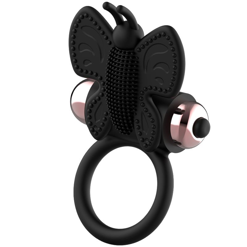 Anello vibrante nero, design a farfalla, elementi oro rosa.