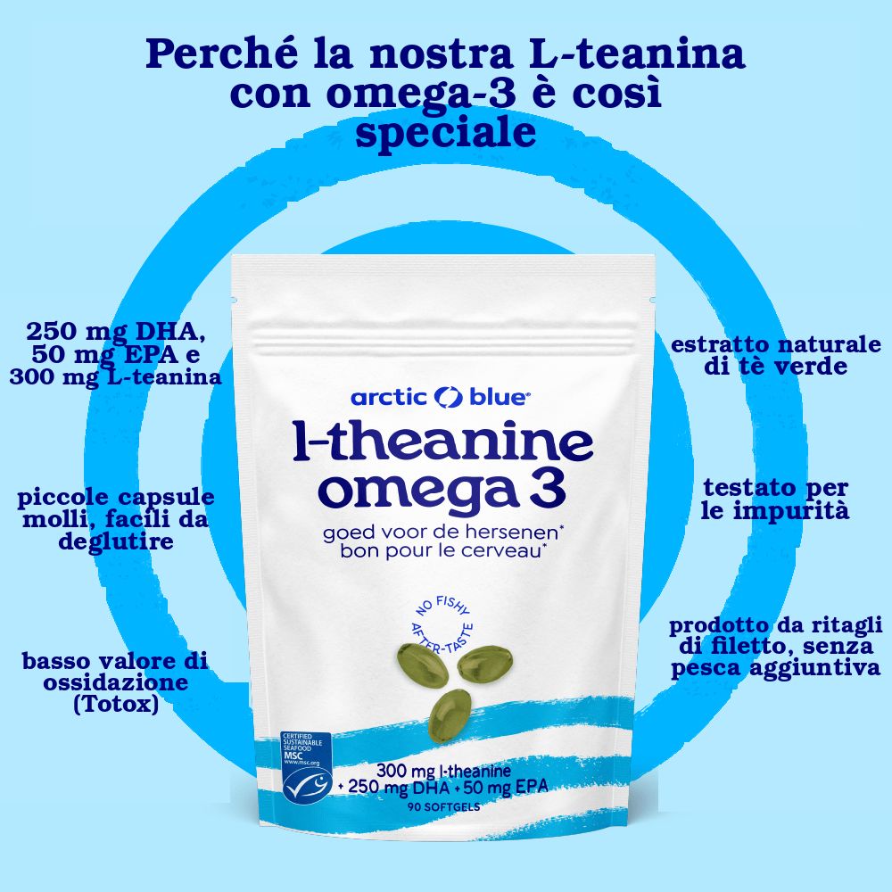 Confezione di L-teanina e Omega-3. Contiene 250 mg DHA, 50 mg EPA, 300 mg L-teanina. Estratto naturale di tè verde.