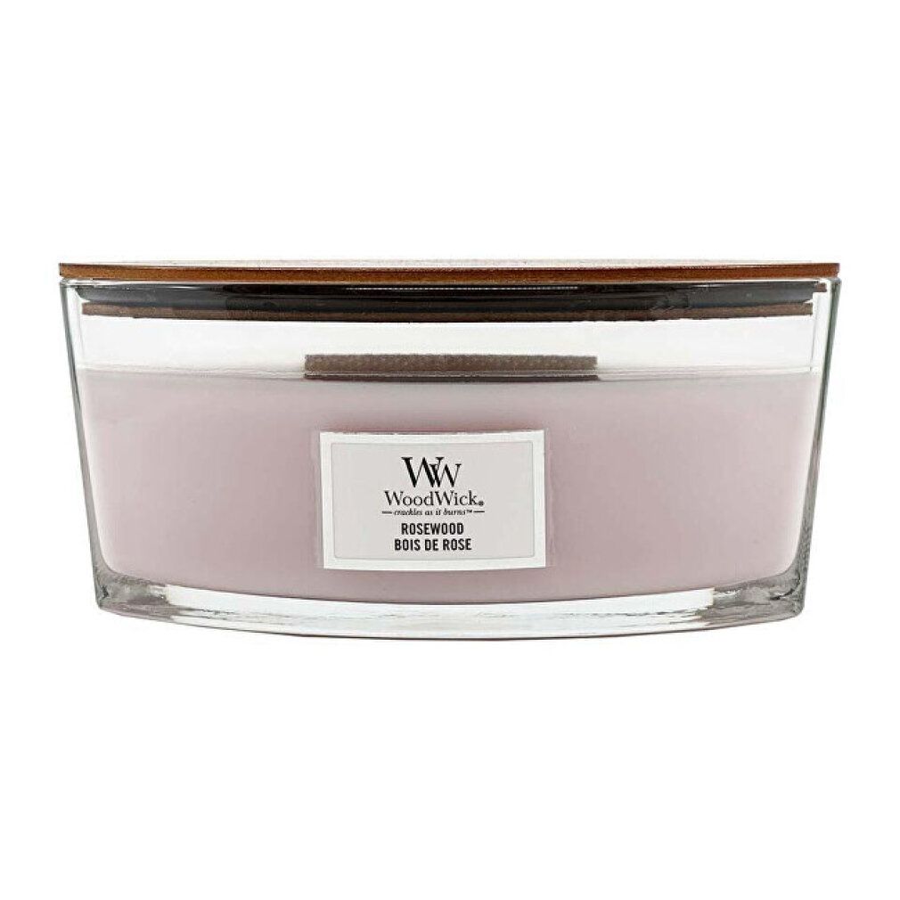 Candela Ellipse con coperchio in legno. Cera rosa in contenitore di vetro. Logo WW e "Rosewood" sull'etichetta.
