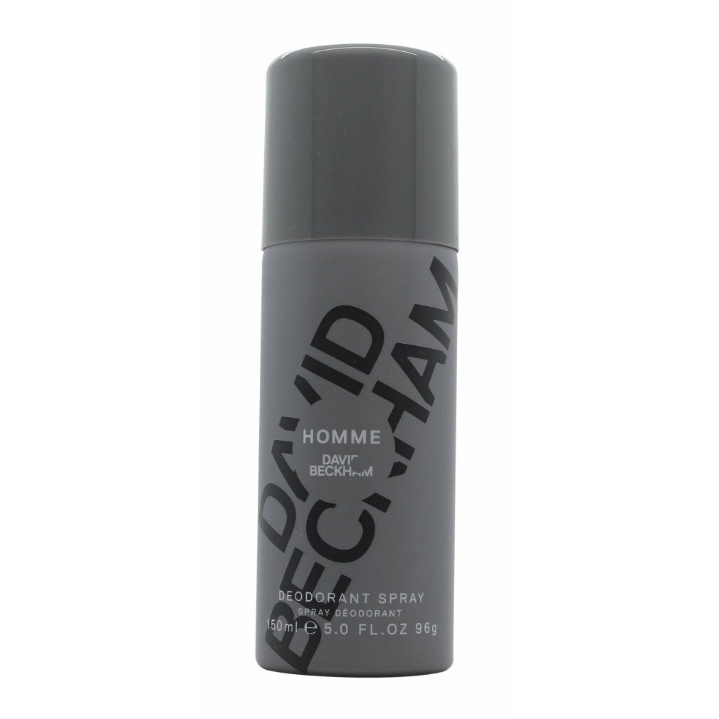 Spray deodorante. Flacone grigio con tappo nero. Scritta 'DAVID BECKHAM HOMME'.
