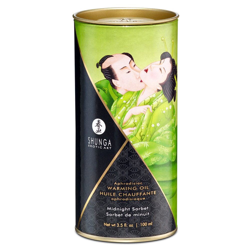 Scatola cilindrica con etichetta. Scritta: Shunga, Warming Oil. Illustrazione di una coppia. Midnight Sorbet.
