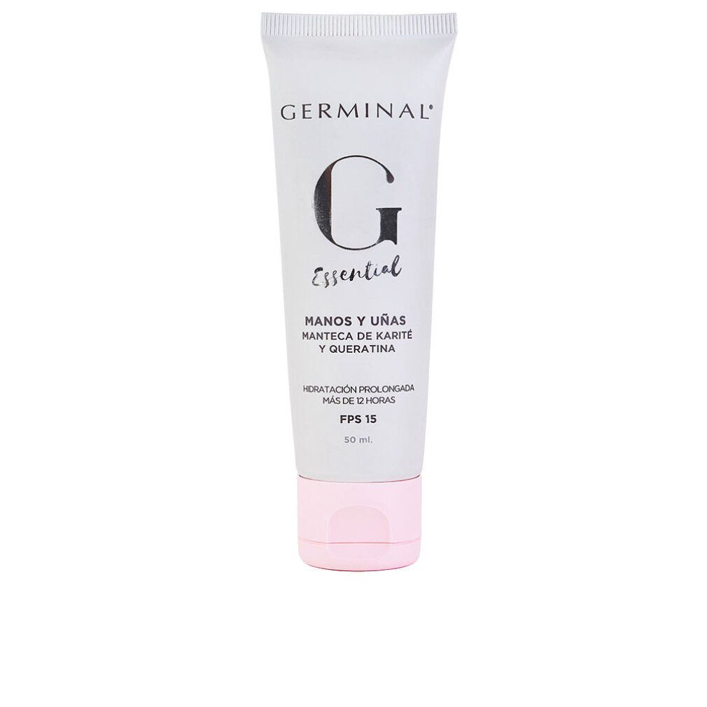Tubo di crema con tappo rosa. Scritta: Germinal, G Essential, Manos y Uñas, FPS 15.