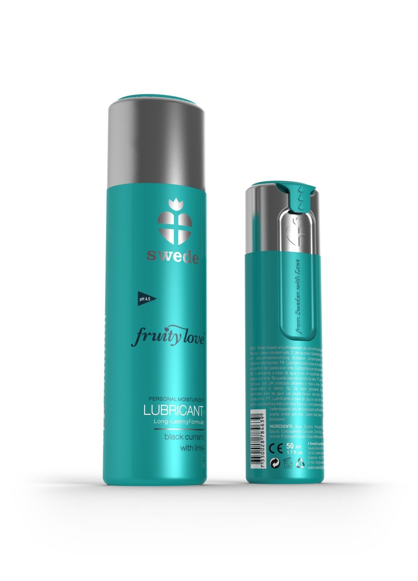 Due flaconi. Turchese con tappo argentato. Scritta: Swede, Fruity Love, Lubricant. Un flacone con codice a barre.