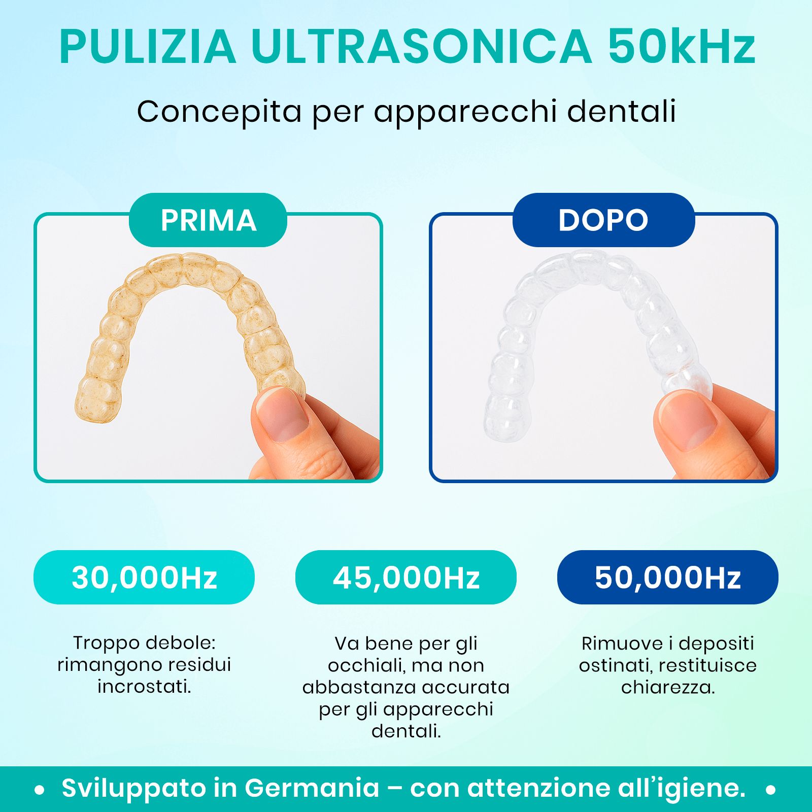 Confronto apparecchi dentali prima e dopo la pulizia. 3 frequenze: 30, 45, 50 kHz. Testo in italiano.