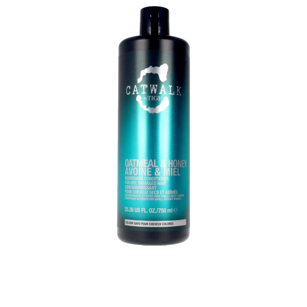 Flacone verde scuro con tappo nero. Scritta: CATWALK by TIGI, Oatmeal & Honey. Per capelli colorati.