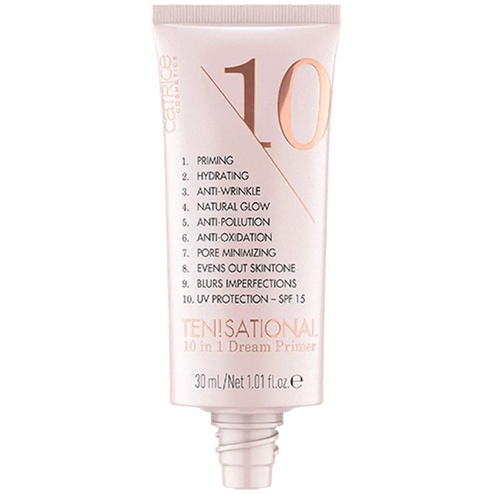 Tubo di primer. Scritta: TEN!SATIONAL 10 in 1 Dream Primer. Ingredienti: Priming, Hydrating, Anti-Wrinkle, Natural Glow, Anti-Pollution, Anti-Oxidation, Pore Minimizing, Evens out skintone, Blurs imperfections, UV Protection - SPF 15.