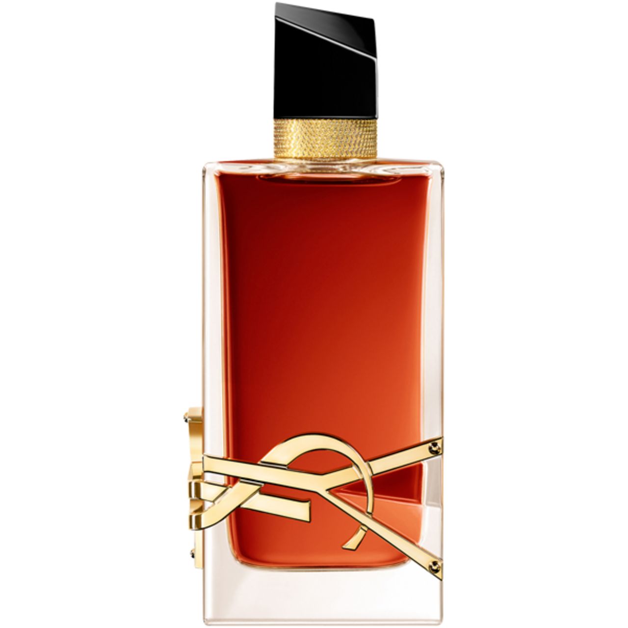 Flacone di profumo con logo dorato e tappo nero. Forma rettangolare, liquido ambrato.