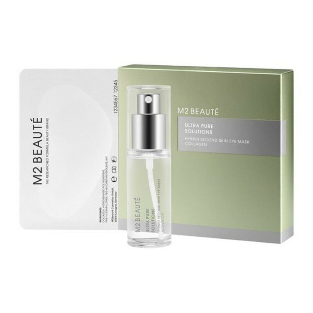 Confezione M2 Beauté. Flacone spray, maschera e scatola. Scritta: Ultra Pure Solutions, Hybrid Second Skin Eye Mask Collagen.