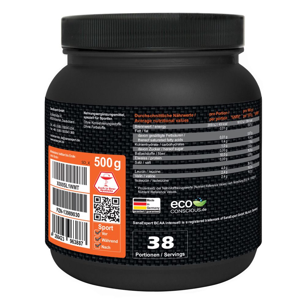 Retro di un contenitore in polvere SanaExpert BCAA Intense da 500g con informazioni nutrizionali e sigilli.