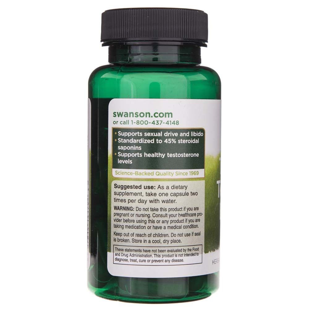 Retro di una bottiglia di capsule verdi con istruzioni per l'uso e avvertenze per Tribulus Terrestris Extract.