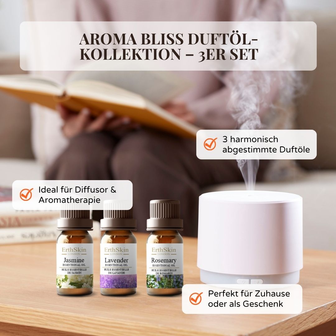 Tre piccole bottiglie con i nomi Jasmine, Lavender e Rosemary. ErthSkin London. Accanto alle bottiglie, un diffusore.