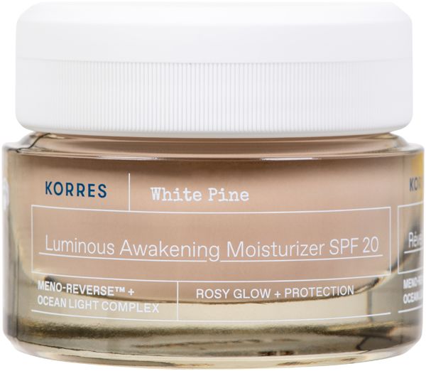 Vasetto di vetro con coperchio bianco. Scritta: White Pine, Luminous Awakening Moisturizer SPF 20, KORRES. Crema visibile.