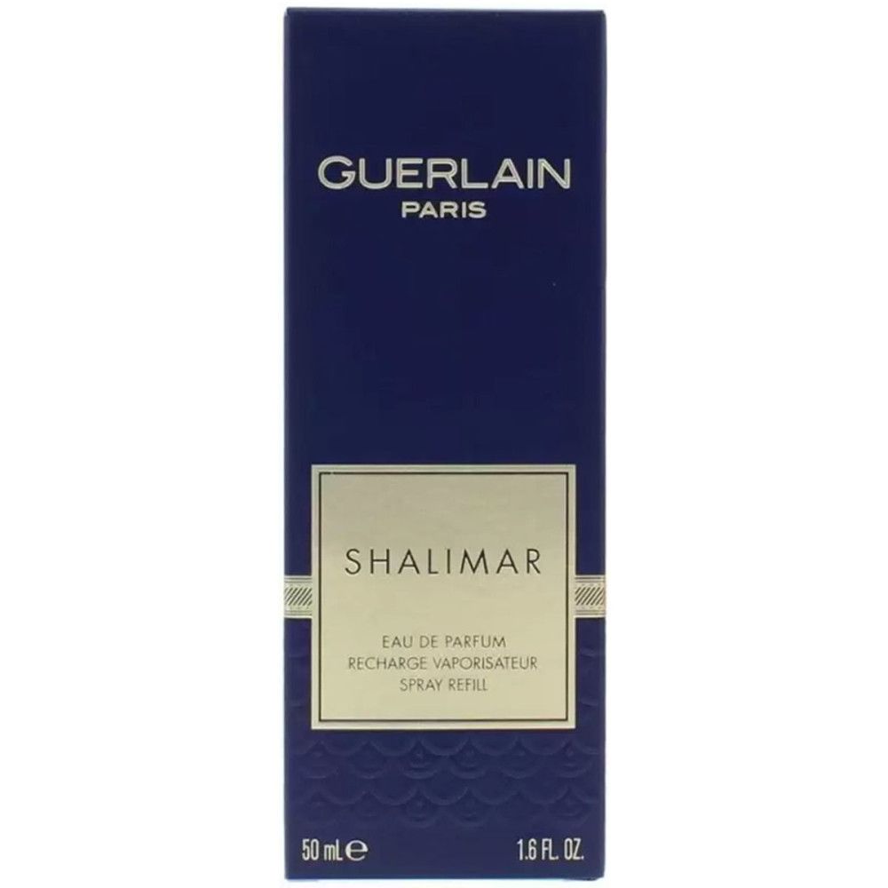 Scatola blu scuro con GUERLAIN PARIS e SHALIMAR. Eau de Parfum sulla scatola. 50 ml e 1.6 fl. oz. in basso.