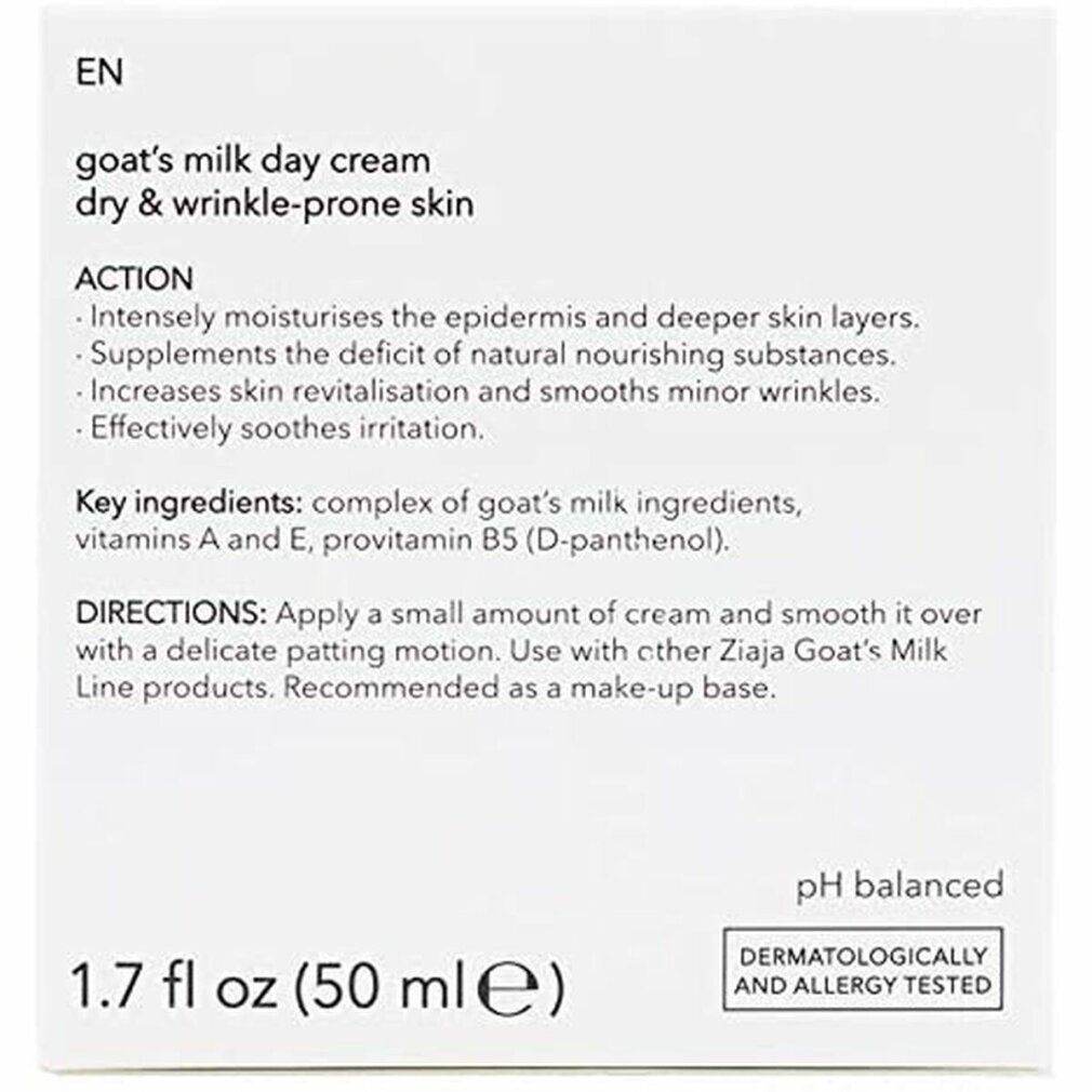 Scatola con testo. Scritte: goat's milk day cream, dry & wrinkle-prone skin. Contiene informazioni sugli ingredienti e l'uso. pH bilanciato.
