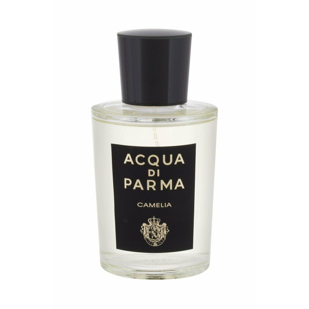 Flacone in vetro con tappo nero. Scritta: Acqua di Parma, Camelia. Etichetta nera con logo dorato.