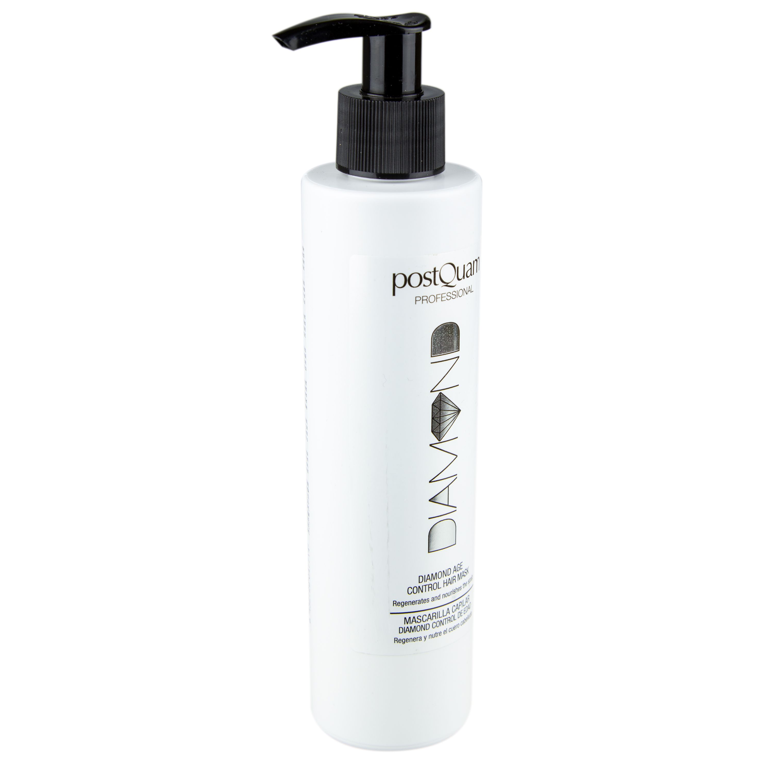 Flacone bianco con erogatore nero. Scritta DIAMOND e Postquam Professional. Testo: DIAMOND AGE CONTROL HAIR MASK.