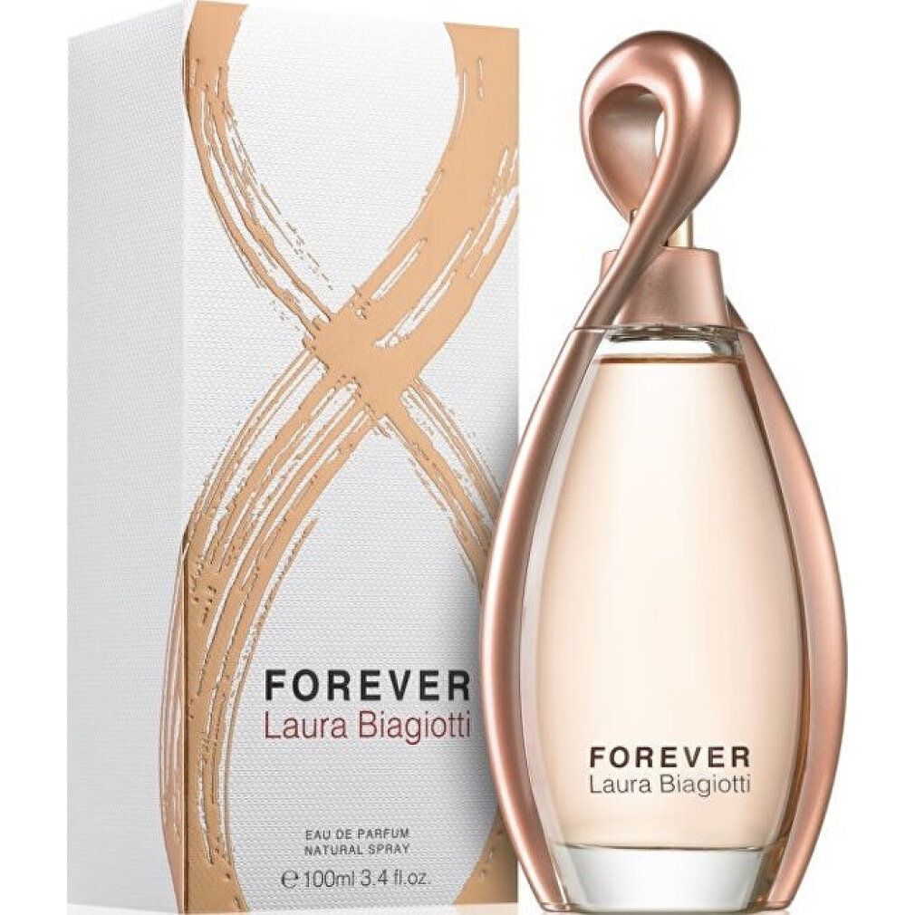 Flacone di profumo e confezione. Flacone con tappo rosa, collo dorato e liquido rosa chiaro. Confezione con design dorato.