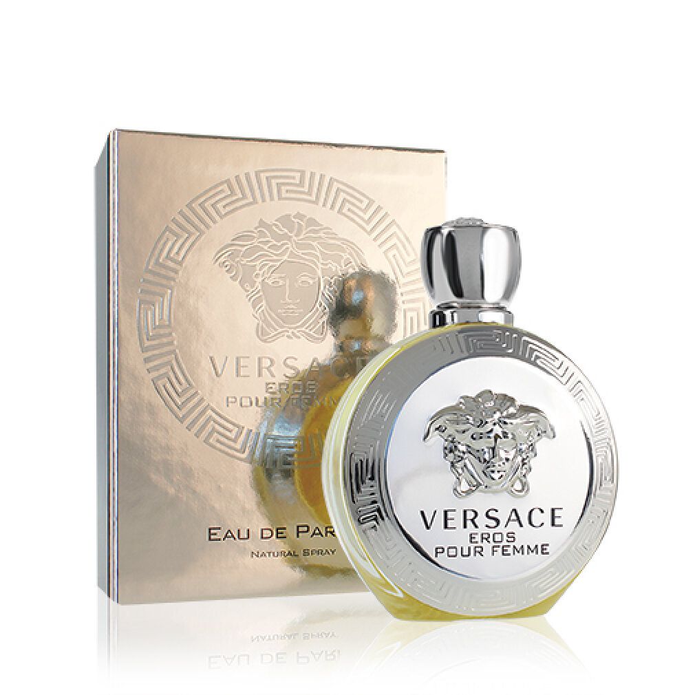 Confezione e flacone. Confezione: argentata con logo. Flacone: rotondo, argentato, con scritta VERSACE EROS POUR FEMME.