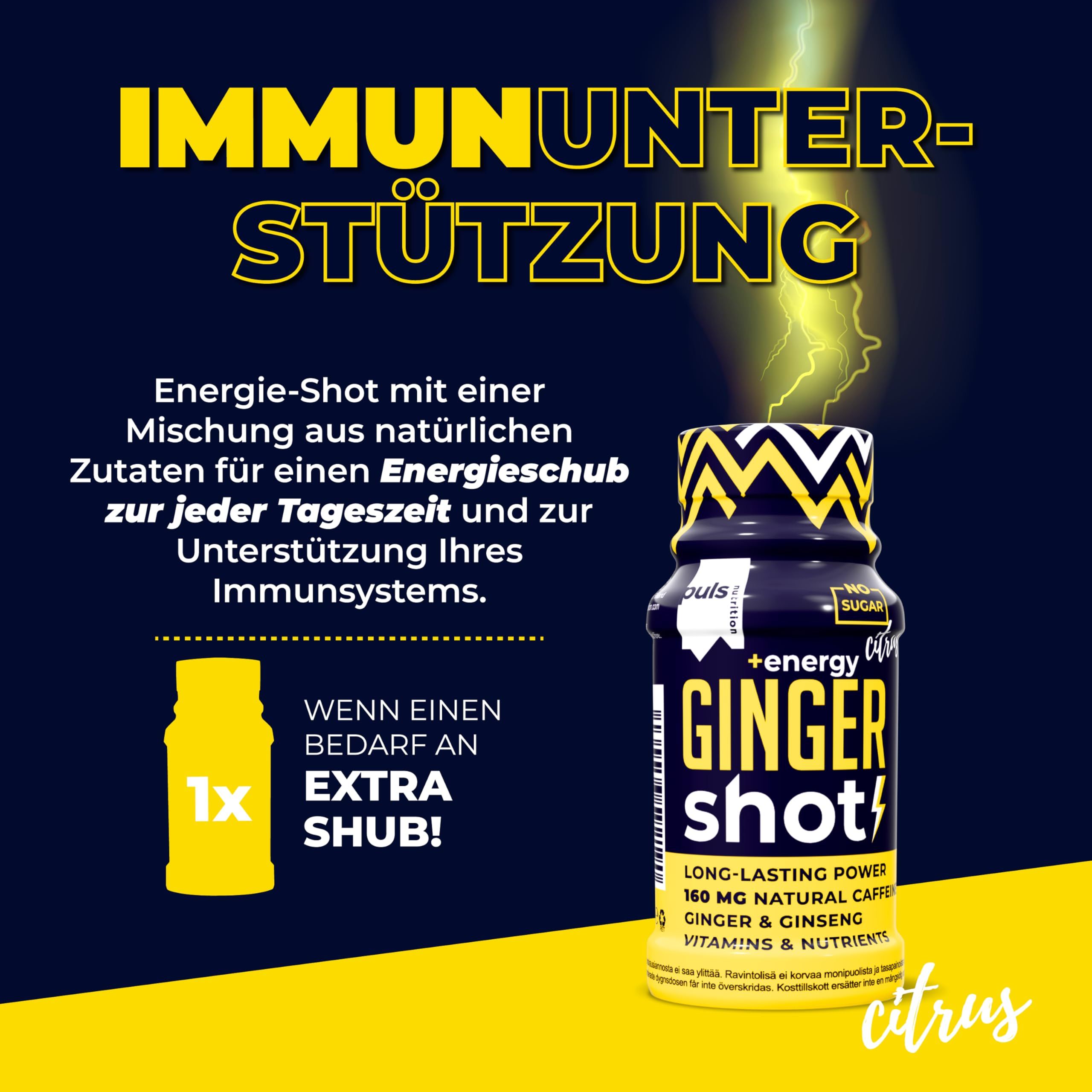 Shot energetico con zenzero, caffeina, curcuma e ginseng per il supporto immunitario.