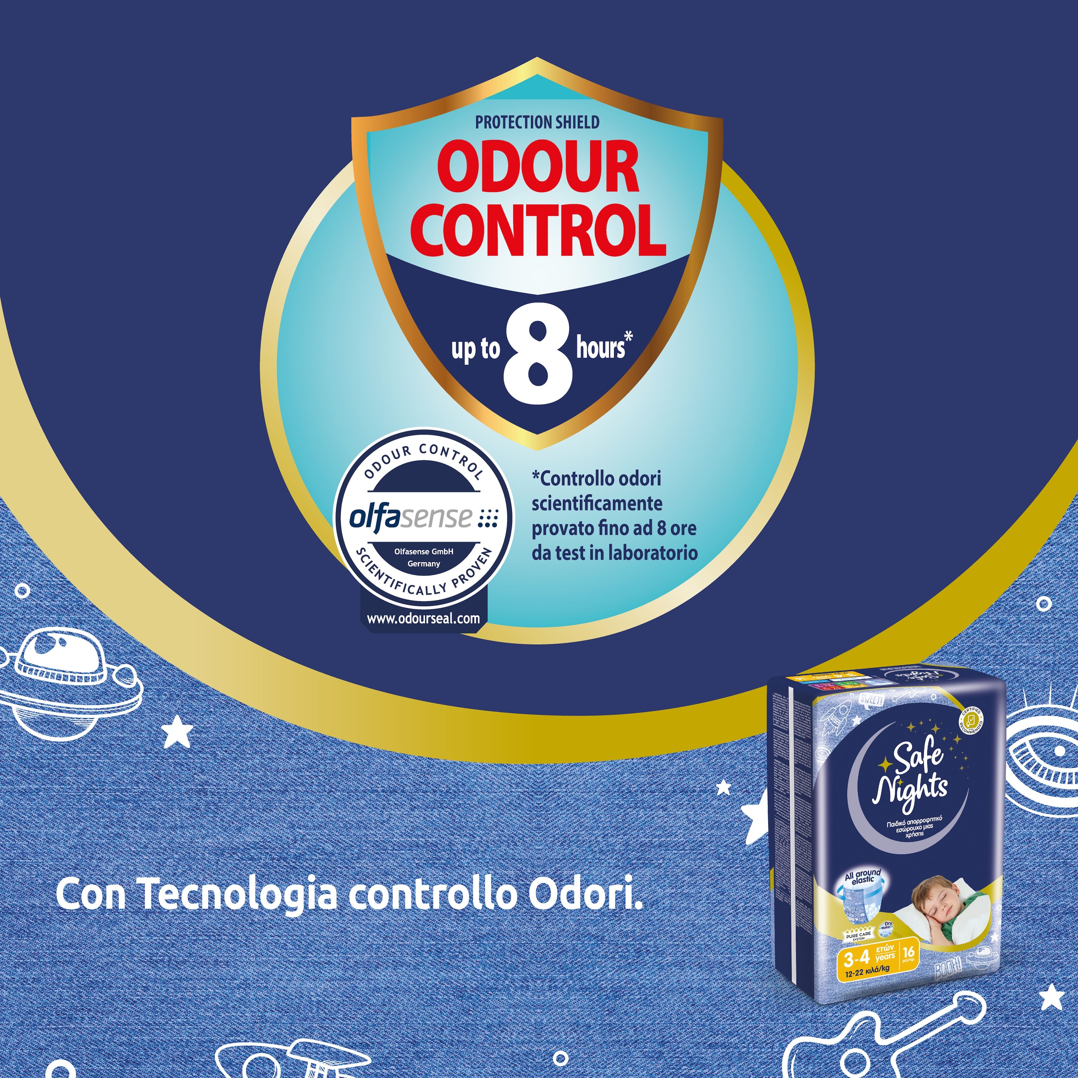 Confezione di pannolini Safe Nights con controllo odori fino a 8 ore. Tecnologia Olfactive Sense.