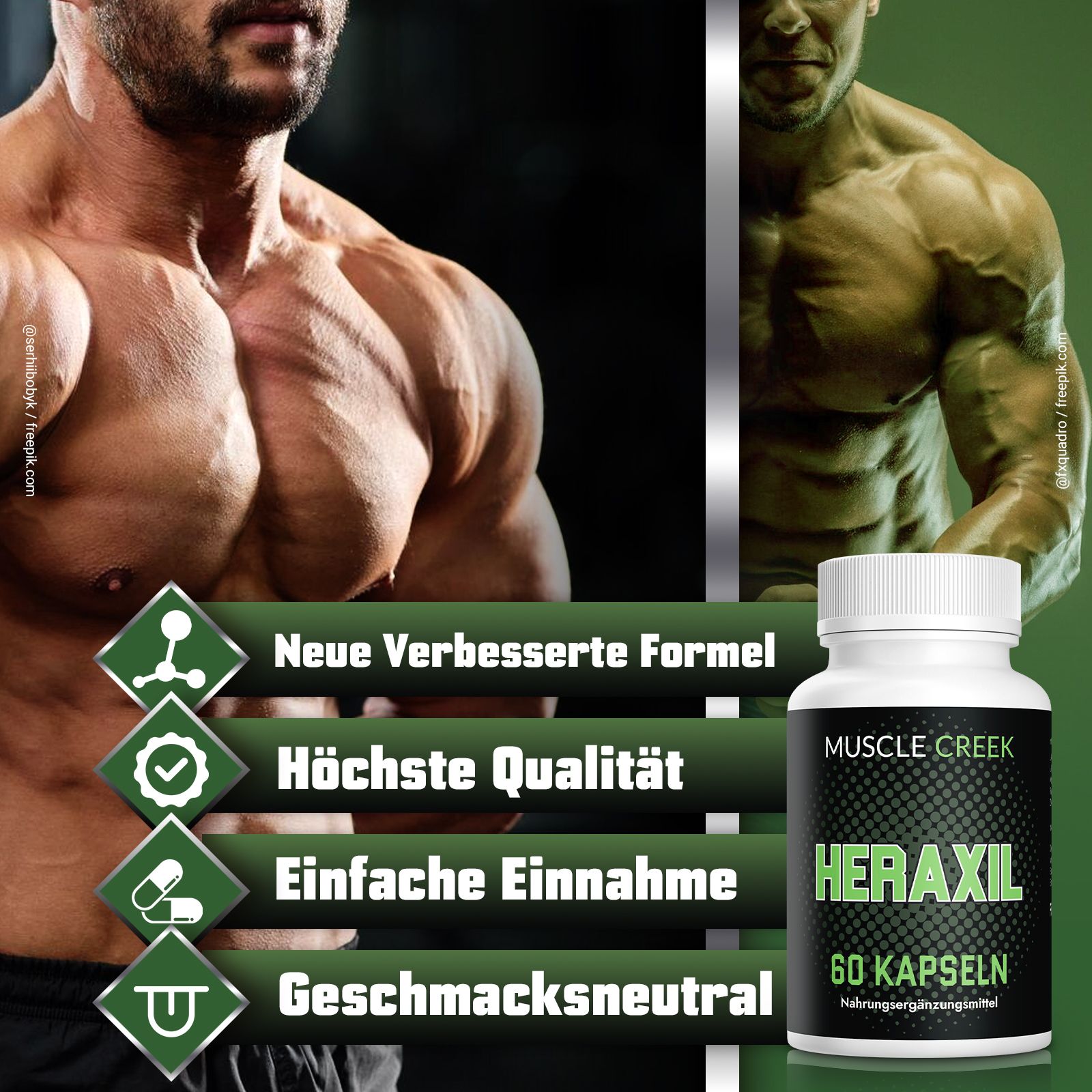 Capsule Heraxil: 60 pezzi in contenitore bianco. A sinistra: simboli per formula, qualità, assunzione, gusto.