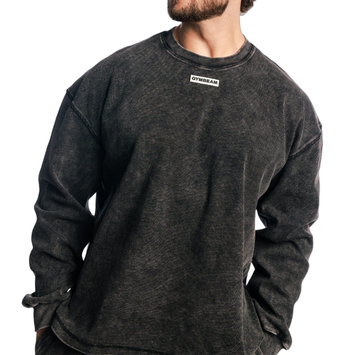 GymBeam Felpa uomo Aura oversize senza cappuccio Washed Black