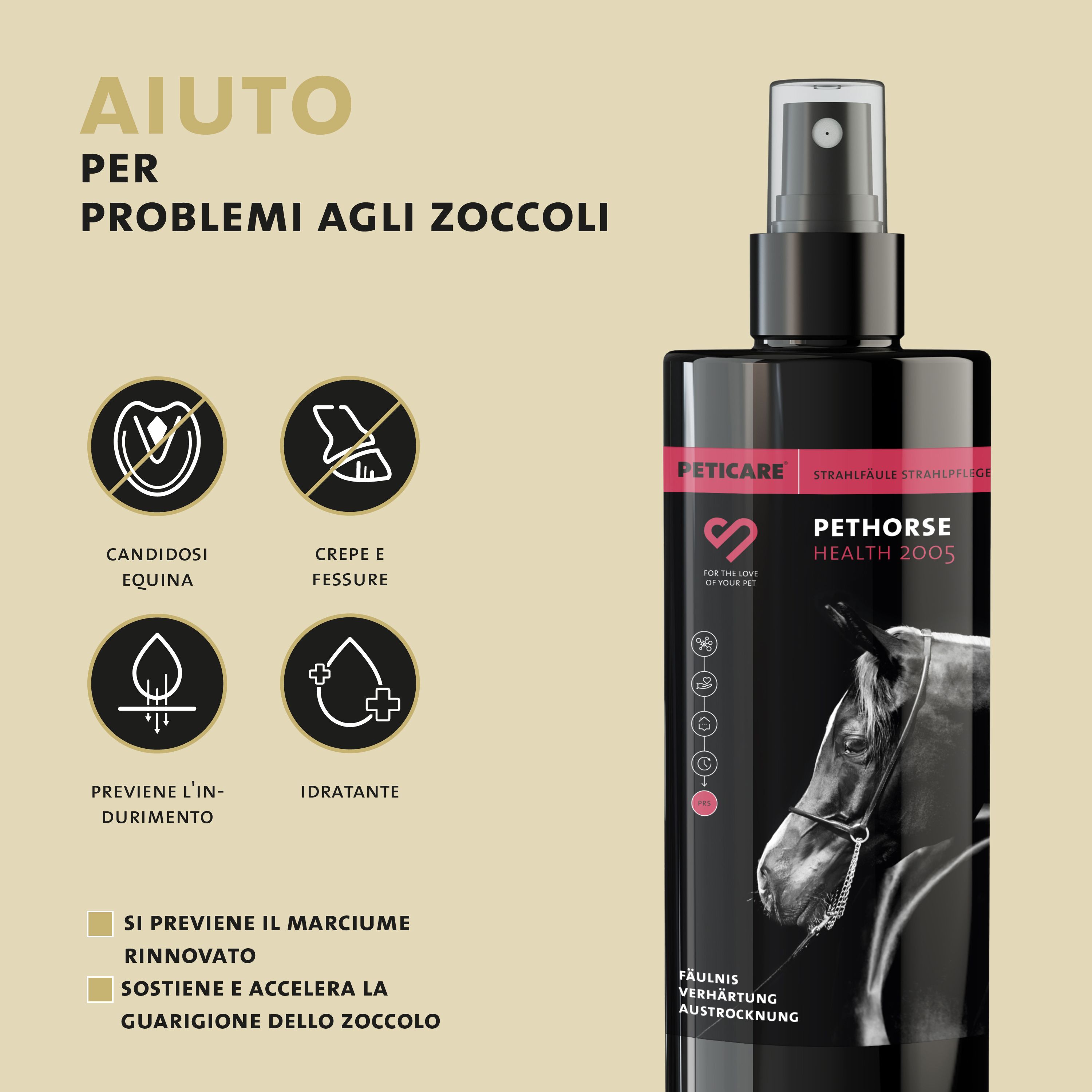 Flacone nero con testo e simboli. Testo: Pethorse Health 2005. Testa di cavallo.
