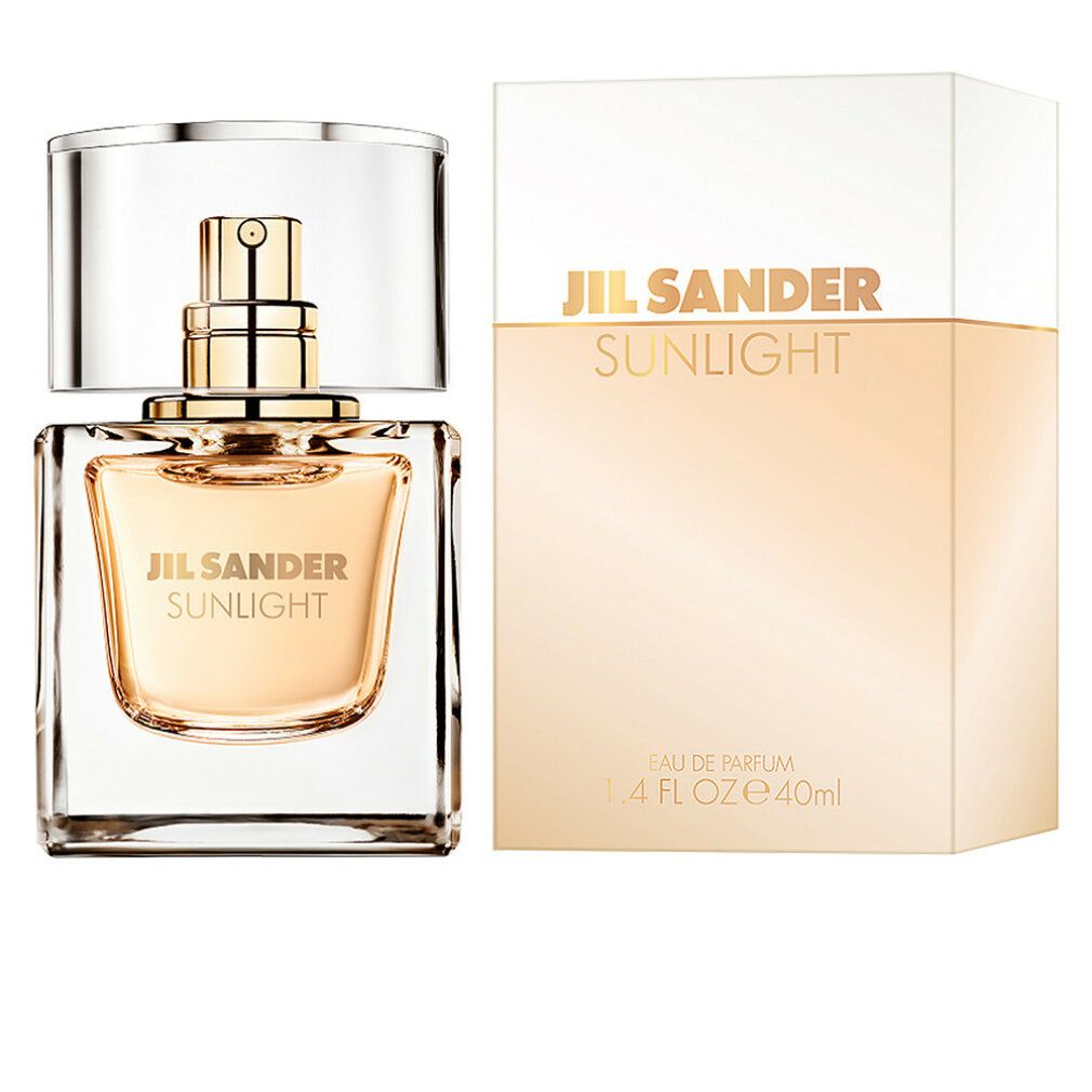 Flacone e confezione Jil Sander Sunlight. Flacone quadrato e confezione rettangolare. Scritta Sunlight e informazioni sul prodotto.