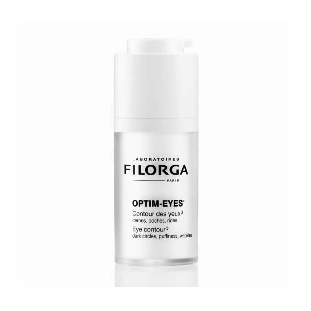 Flacone bianco Filorga Optim-Eyes. Testo: Optim-Eyes, Contour des yeux, Eye contour, occhiaie, borse, rughe. Con erogatore a pompa.
