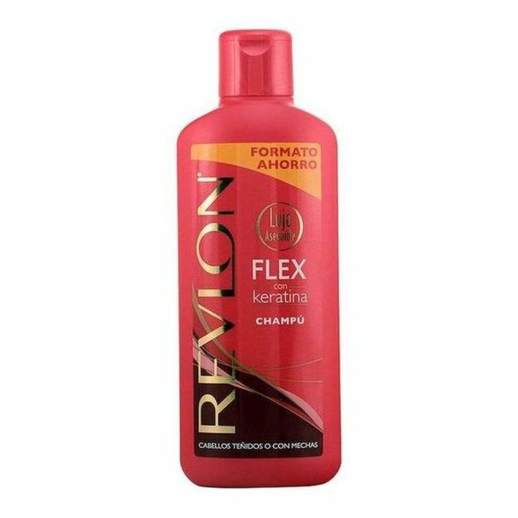 Shampoo Revlon Flex rosso con tappo rosso. Scritta: Flex con Keratina, Champú. Per capelli colorati. Formato Ahorro.