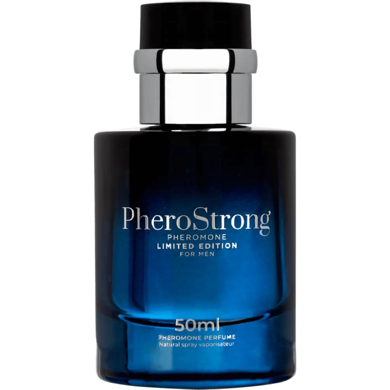 Flacone di profumo blu con tappo argentato. Scritta: PheroStrong, Limited Edition, For Men. Sotto: 50ml.