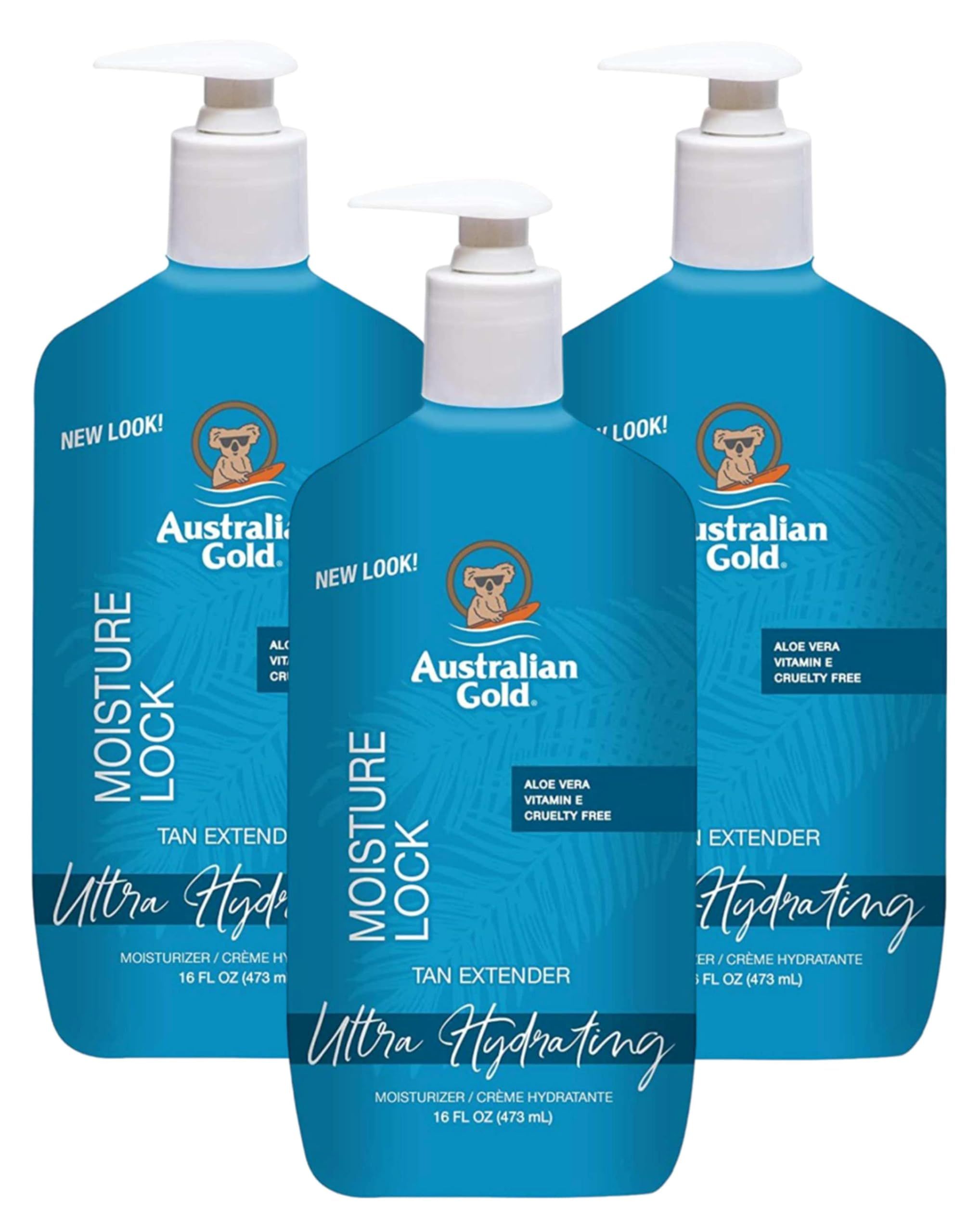 Tre flaconi con pompa. Scritta: Moisture Lock, Tan Extender, Ultra Hydrating Formula. Marchio: Australian Gold. Aloe Vera, Vitamina E.