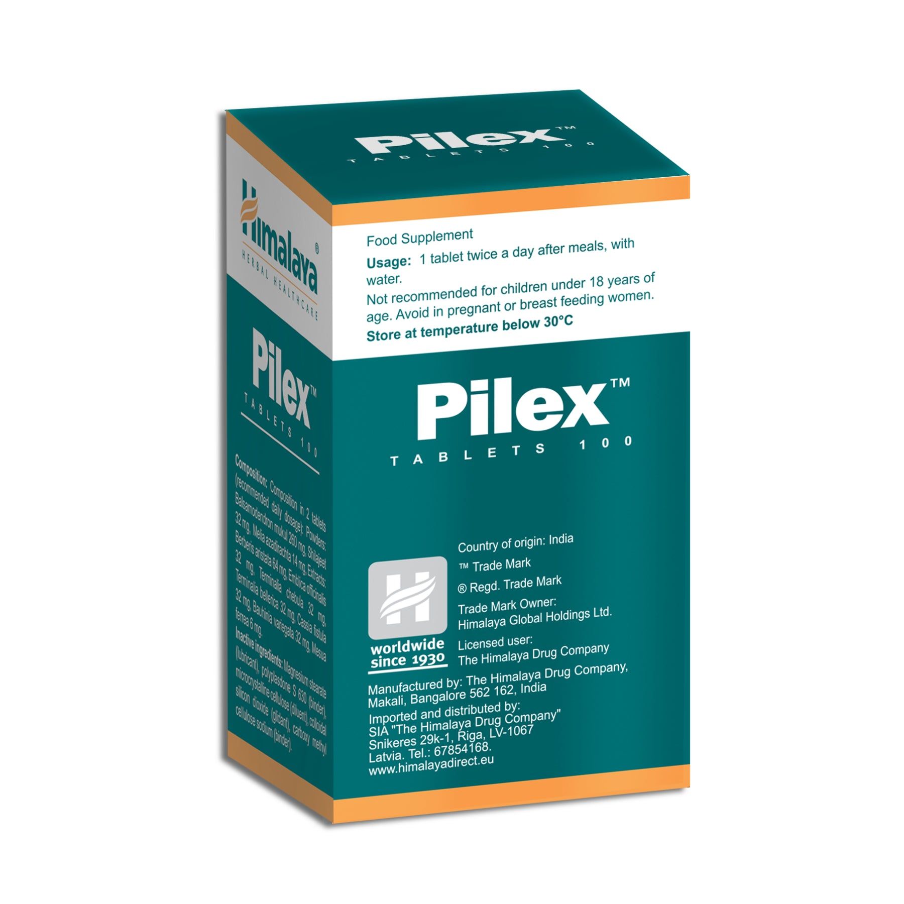 Confezione da 100 compresse Himalaya Pilex. Contiene istruzioni per l'uso e avvertenze.