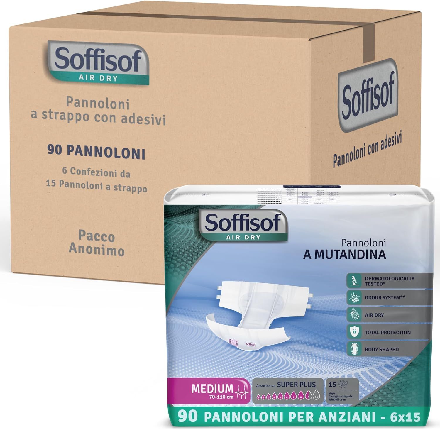 Pannoloni Soffisof Air Dry e scatola. 90 pezzi. 6 confezioni da 15. Imballaggio anonimo. Per adulti.