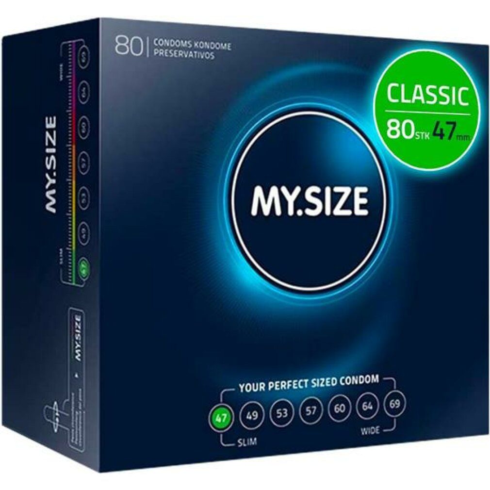 Confezione MY.SIZE PRO, 80 preservativi, 47 mm. Scritta: CLASSIC. Taglie: 47-69 mm.