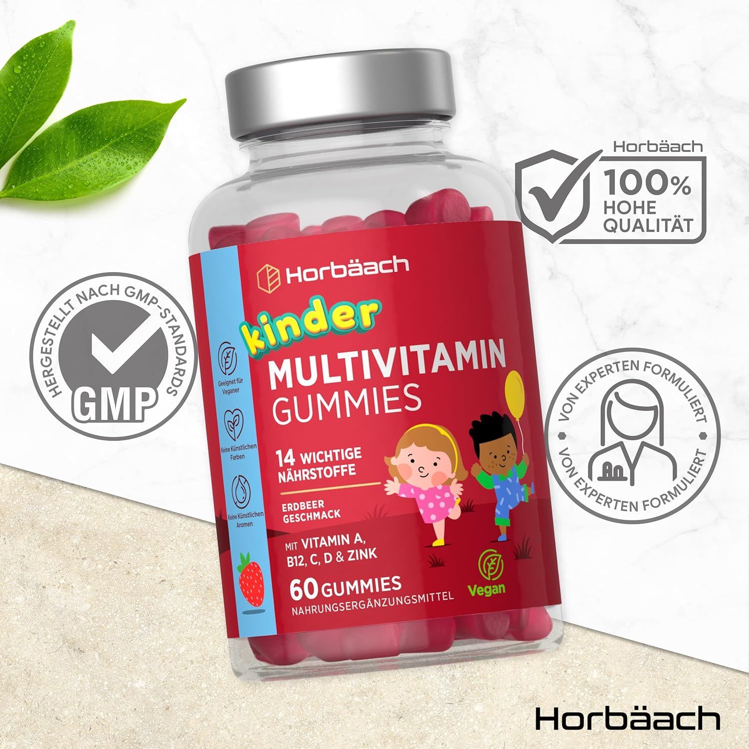 Flacone Horbaach Kinder Multivitamin Gummies. Certificazione GMP, 100% alta qualità. Caramelle rosse.