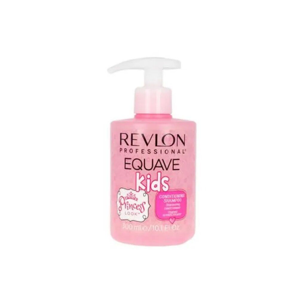 Flacone di shampoo rosa con dosatore. Scritta: Revlon Equave Kids Princess Look. Contiene 300 ml.