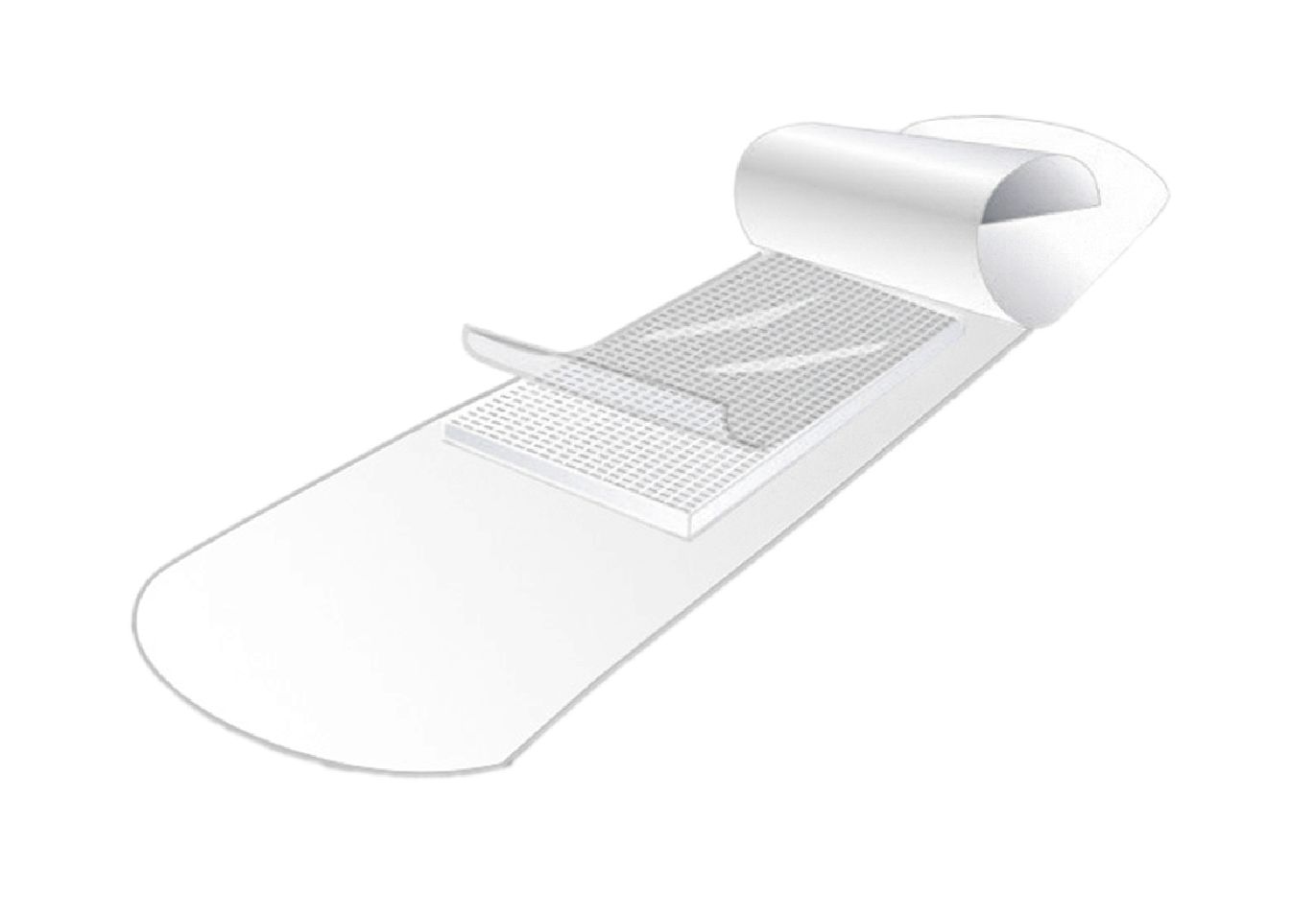 Primo piano di un cerotto bianco con tampone esposto. Materiale microforato.