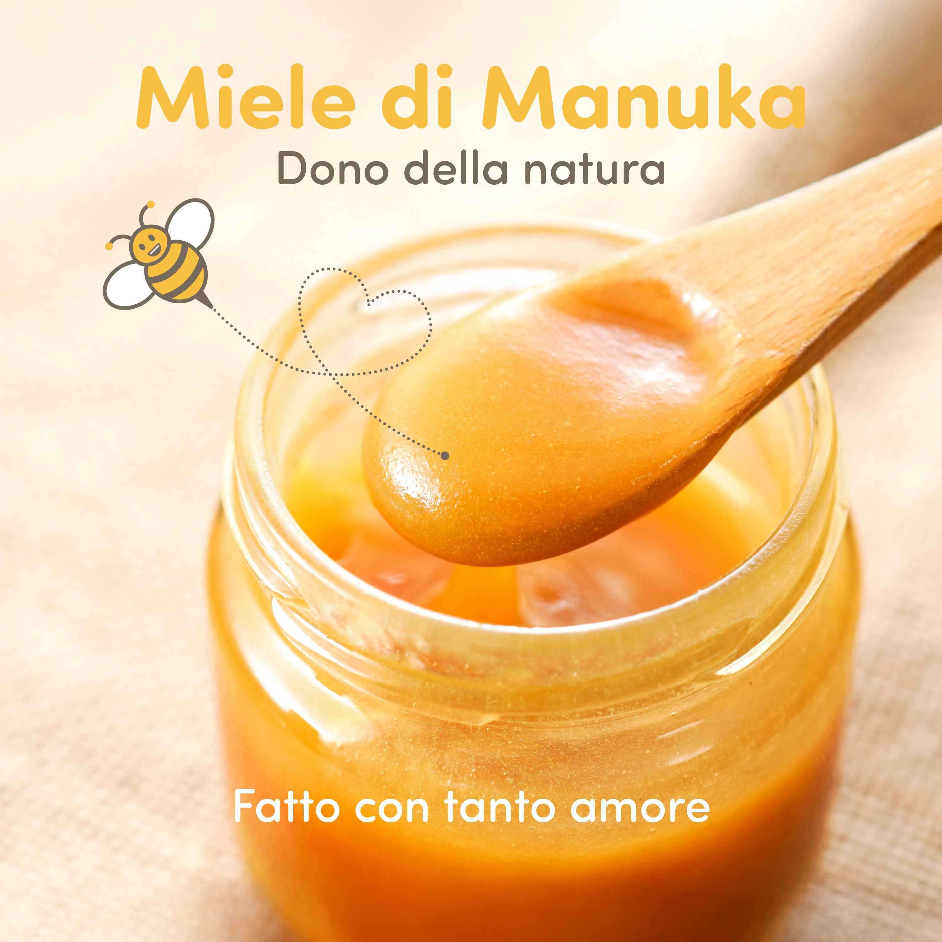 Cucchiaio di legno con miele di Manuka su un barattolo. "Miele di Manuka, dono della natura".