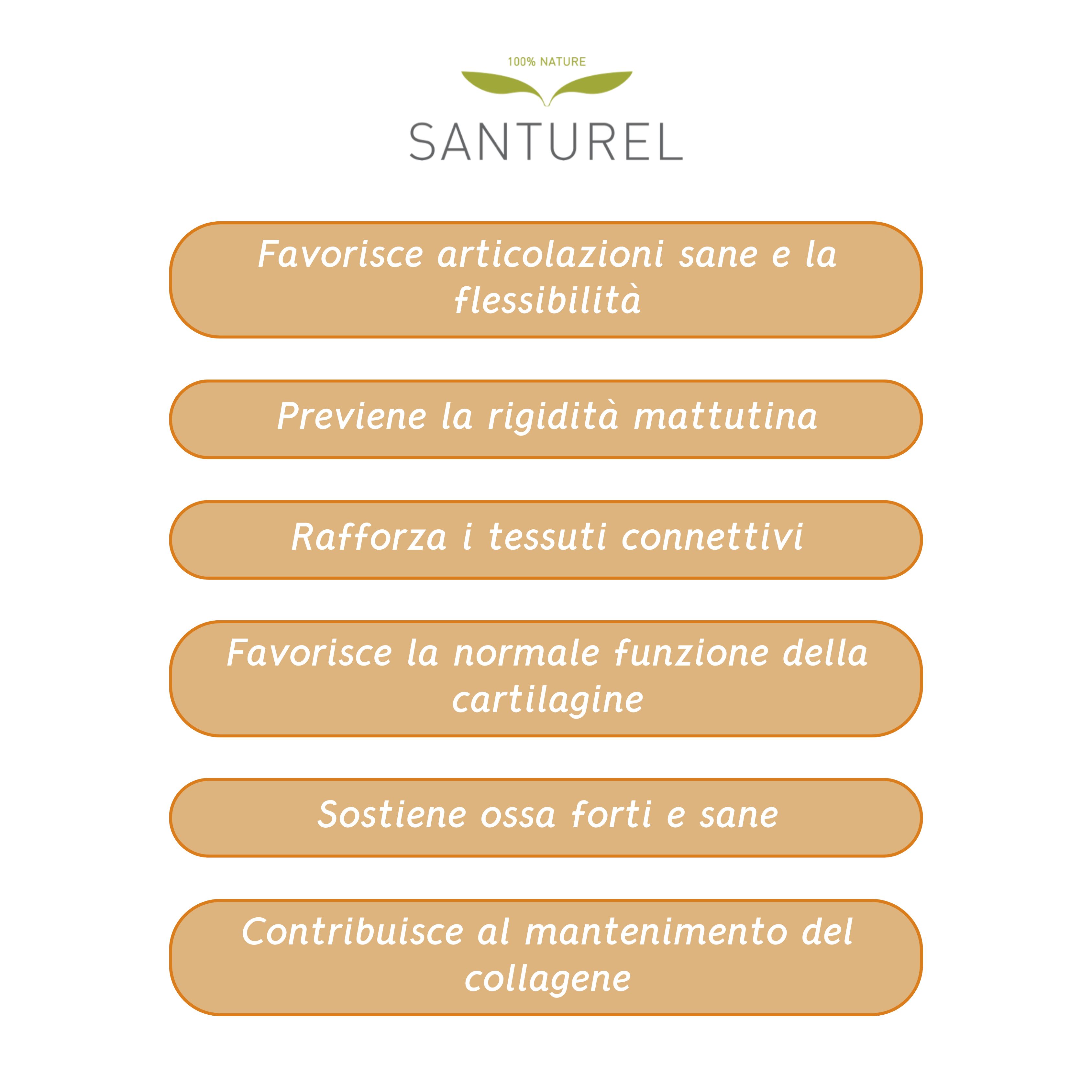 Testo su rettangoli marroni: Favorisce articolazioni sane e la flessibilità, previene la rigidità mattutina, rafforza i tessuti connettivi.